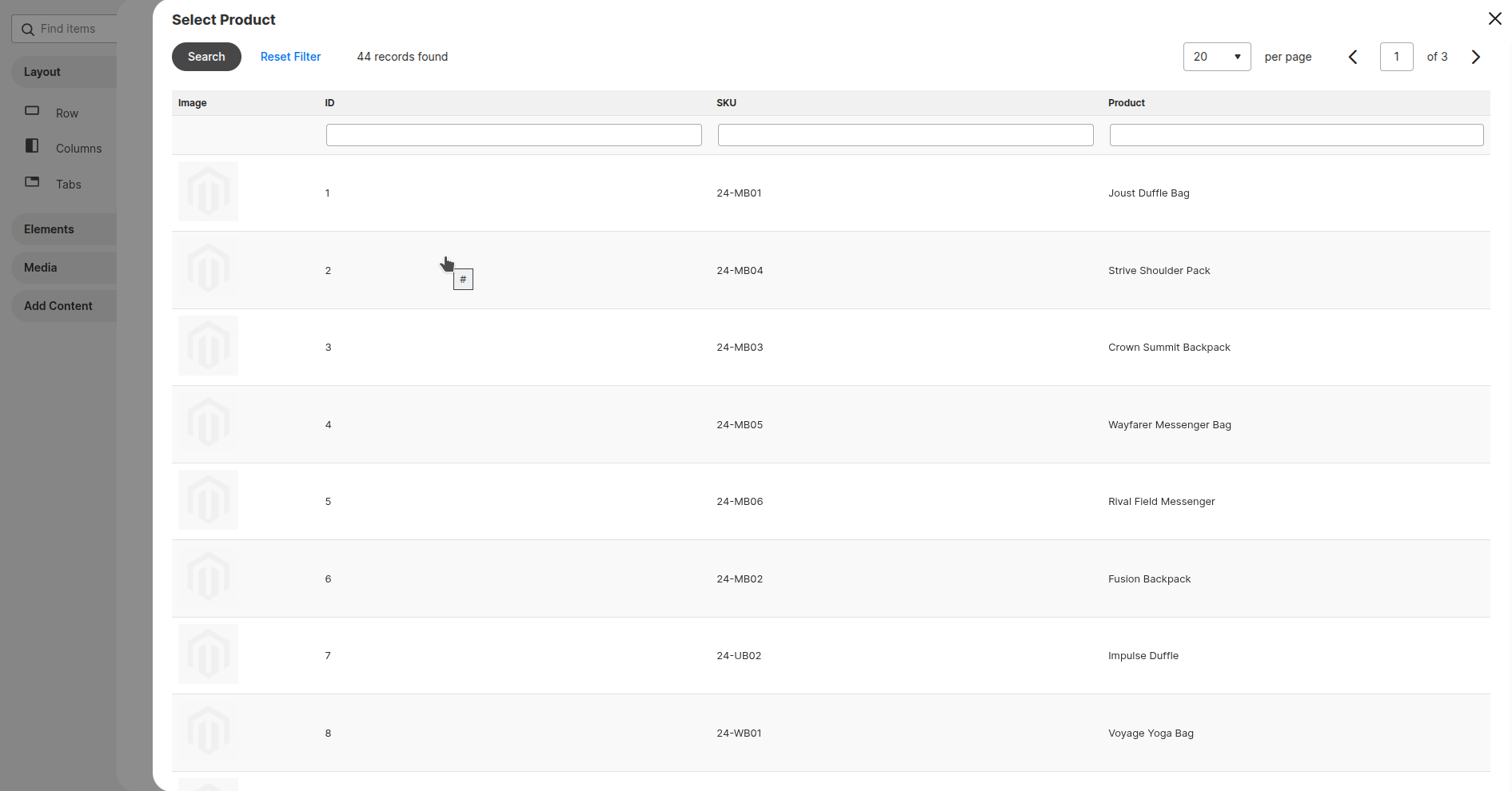 Product field — selection