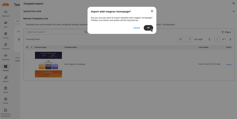 Remote template import — confirmation